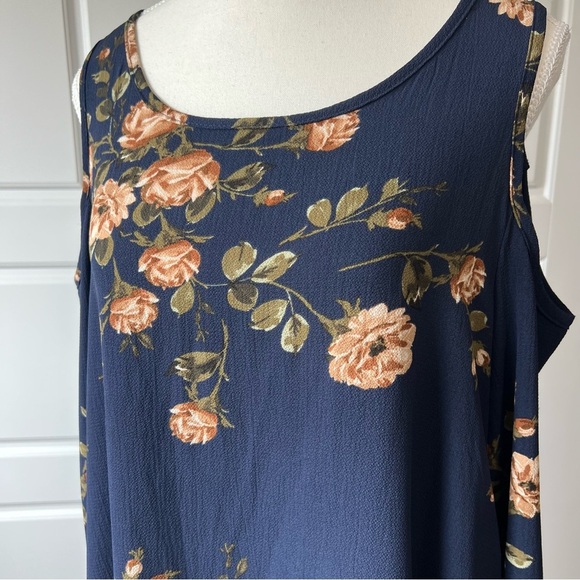Altar'd State Floral Cold Shoulder Dress Ruffle Hem Navy Blue Peach Roses Large‎ - Picture 5 of 7